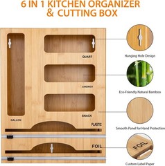 Kitchen Storage Bag Organizer with Foil Wrap Dispenser 6 in 1 Bamboo