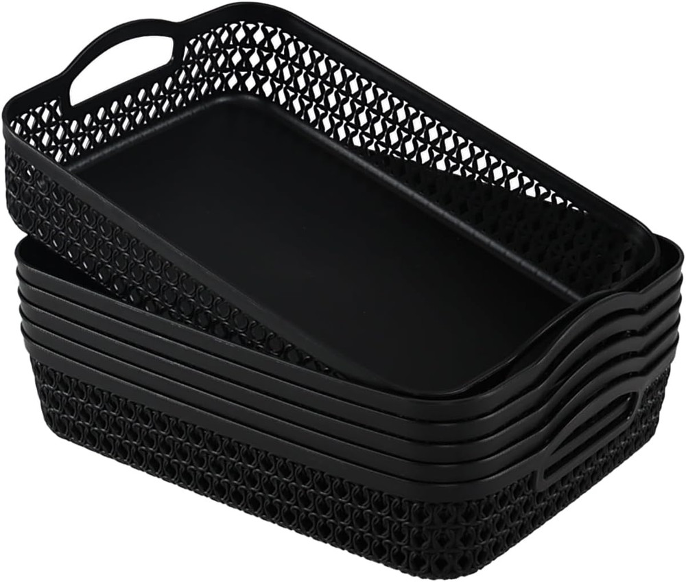 Set of 6 Large Black Plastic Storage Baskets with Handles for Easy Organization