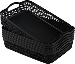 Set of 6 Large Black Plastic Storage Baskets with Handles for Easy Organization