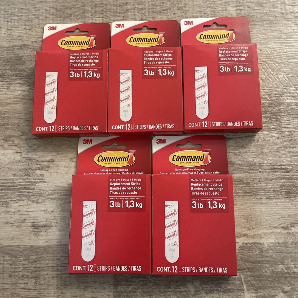 5 Packs of – 3M Command Medium Replacement Adhesive Strips (60 Strips Total) NEW
