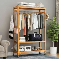 Bamboo Clothes Rail Scarf Cart Hanging Garment Coat Rack w 3 Tier Storage Shelf