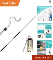 Adjustable 32-80 In Stainless Steel Long Handle Hook Pole with 2 Hooks Black