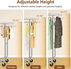2-Minute Assembly Double Rod Clothes Rack, Heavy Duty Rolling Clothing Racks wit