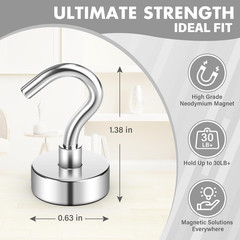 8 Pack Magnetic Hooks with 30LB Magnets, Heavy Duty Silver Hooks for Hanging Ki