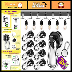 Heavy Duty Magnetic Hooks 80LBS, Neodymium with Swivel Carabiner, 10 Pack for Ho