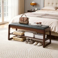 Shoe Storage Bench 39.37″ with Vegan Leather Seat, Lift Top & Shelves, Entryway