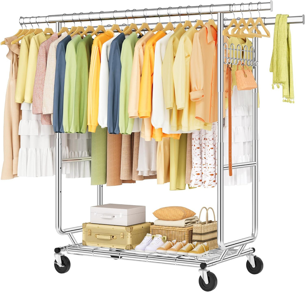 2-Minute Assembly Double Rod Clothes Rack, Heavy Duty Rolling Clothing Racks wit