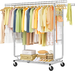 2-Minute Assembly Double Rod Clothes Rack, Heavy Duty Rolling Clothing Racks wit