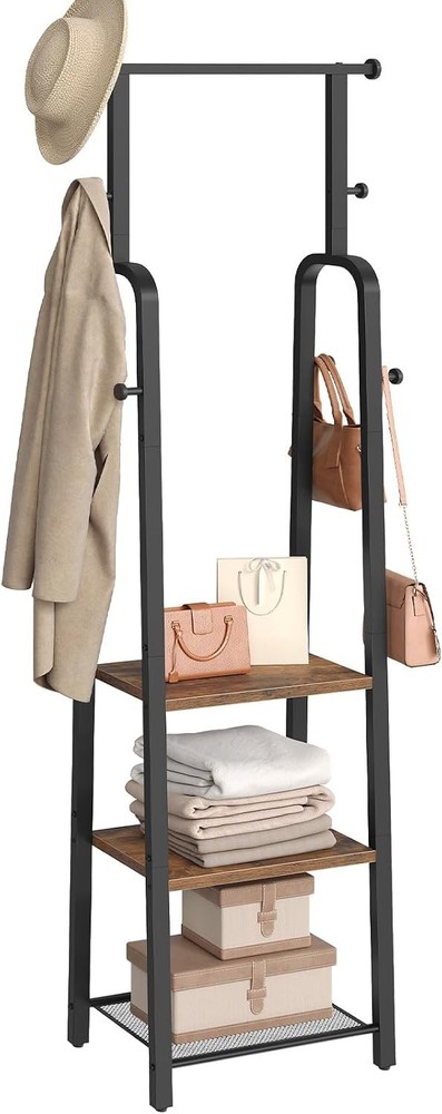MAHANCRIS Freestanding Coat Rack 3 Shelves 8 Hooks Rustic Brown Black