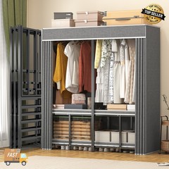 59″ Portable Heavy Duty Metal Closet Foldable Covered Clothes Rack with Cover