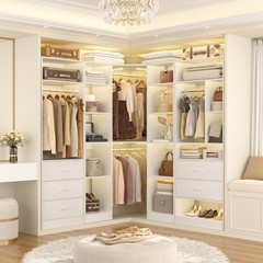 Corner Walk-in Closet Organizer System with 5 Wooden Drawers & Storage Shelves