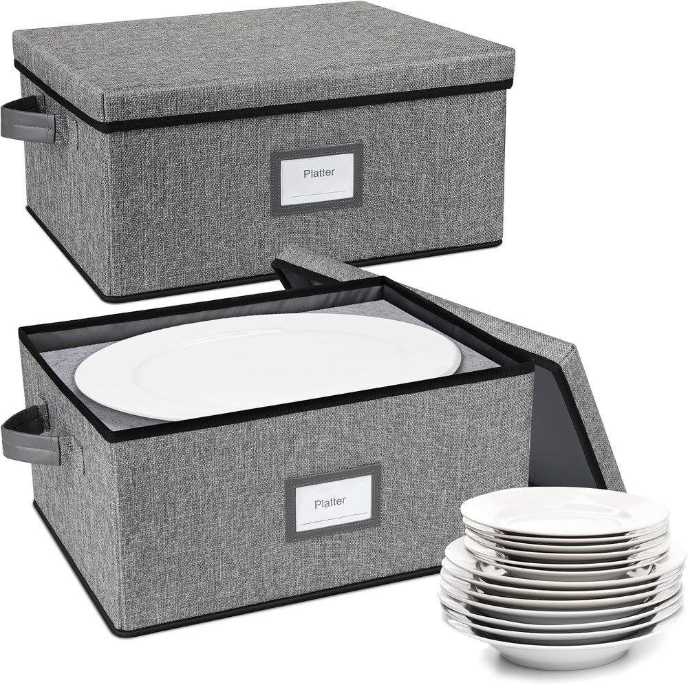 Stackable Platter Storage Case, Hard Shell Plate Containers with Dividers, 2-Pac