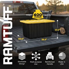 Ramtuff 6 Pack Heavy Duty Stackable Storage Container, Snap-Tight Lid, 27 Gallon