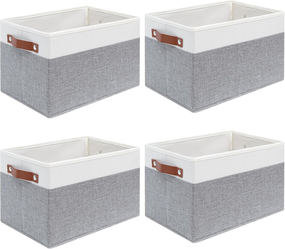 Large 4-Pack Fabric Storage Baskets with Handles – White & Grey, 15″x13″x13