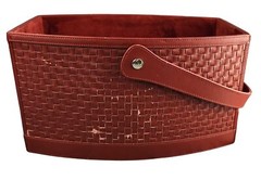 Woven Faux Leather and Wood Basket With Handle – Rectangular Design Deep Red Col