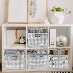 Disco Ball Storage Baskets Set – 3 Glitter Silver Foldable Bins with Handles