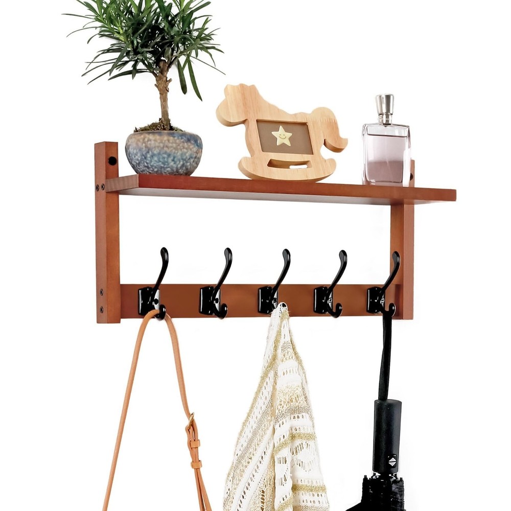 17 Inch Wooden Coat Rack Wall Mount Shelf 5 Metal Hooks Hanging Retro Walnut