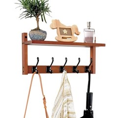 17 Inch Wooden Coat Rack Wall Mount Shelf 5 Metal Hooks Hanging Retro Walnut