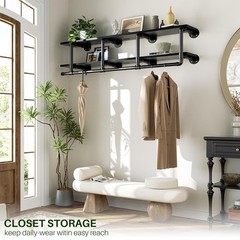 Industrial Pipe Clothes Rack with Top Shelf, 59In Space-Saving Wall Mounted C…