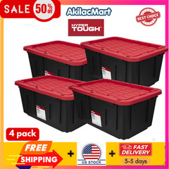 4Pack-Hyper Tough 27 Gallon Large Storage Bin with Snap Lid, Black & Red Plastic