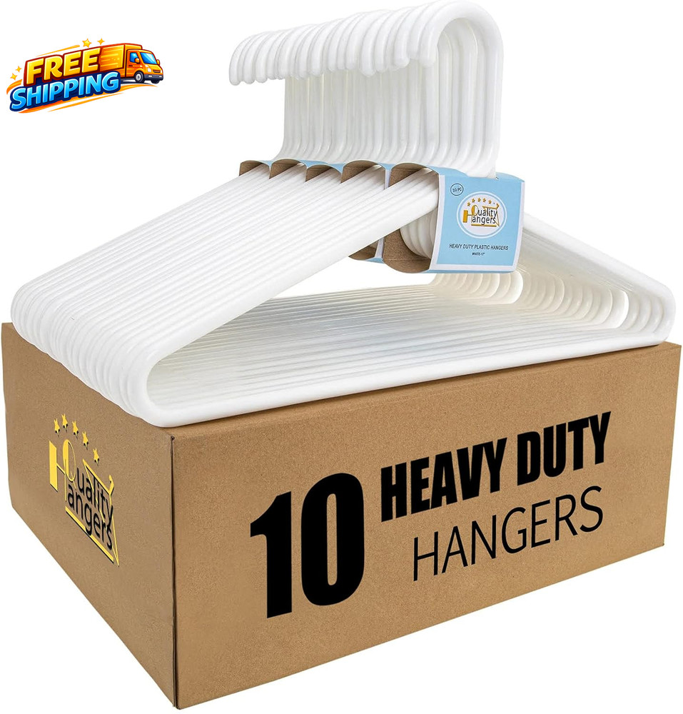 Quality White Plastic Hangers 10 Pack Super Heavy Duty Multipack for Clothes ..