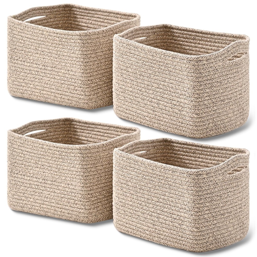 4 PCS 12.5×9.1×7.9 Inch Mixed Brown Woven Cotton Rope Small Storage Baskets