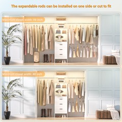 48-96 in Closet System with 3 Wooden Drawers ＆ 3 Expandable Hanging Rods ＆Towers