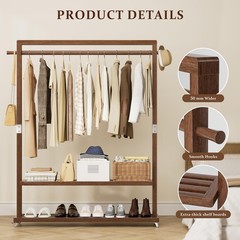 Wamhom Solid Wood Clothes Rack with Wheels | 3-in-1 Freestanding Garment Rack…