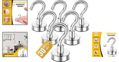 Durable Magnetic Hooks 30lbs – 6 Heavy Duty Neodymium Hooks for Easy Hanging