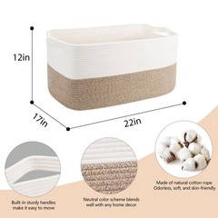 Extra Large Cotton Rope Basket 22″x17″x12″ Rectangle Storage Bin for Home