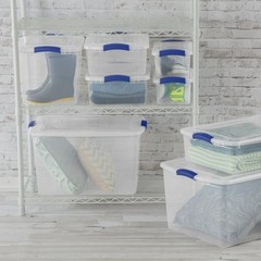 (3 pack) Sterilite 7 Quart Latch Box, Clear Plastic Storage Bin with Lid, Blue