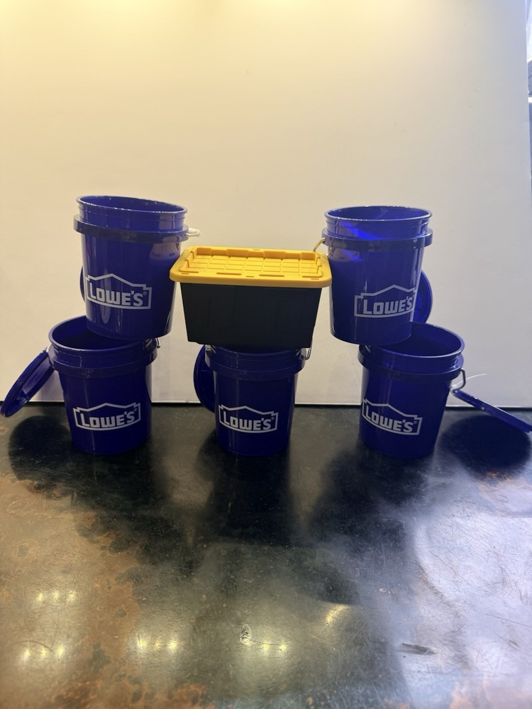 Lowes (5) Blue W/Lids Mini Buckets W/ (1) Teeny Tote Package