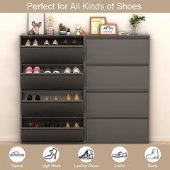 Metal Shoe Cabinet with 4 Flip Drawers, Wall Mount Shoe Organizer for Entryway