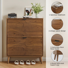 Shoe Cabinet, 31.5″ Walnut, 2 Flip Drawers, Freestanding Storage