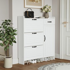 White Shoe Cabinet 4 Doors 1 Drawer Particle Board MDF Storage Cabinet