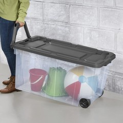 Sterilite 160 Quart Wheeled Stacker, Latch Lid and Pull Handle, Gray, 2 Count