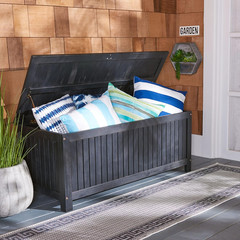 SAFAVIEH Outdoor – Abri Cushion Storage Box – Black Solid Wood – Coastal Resort