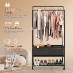 3-Tiered Garment Rack w/ Storage Bag Rolling Clothes Organizer Dual Rods Hanging