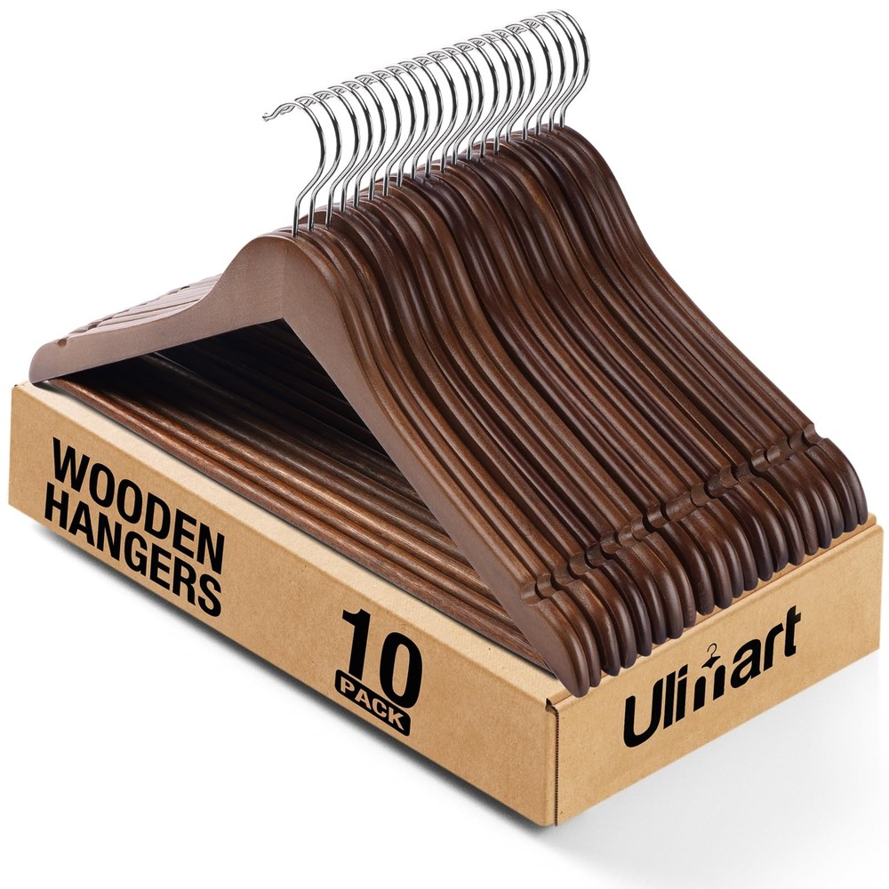 Wooden Hangers 10 Pack: Solid Shirt Hangers with Pants Bar, Heavy Duty & Slim…
