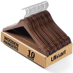 Wooden Hangers 10 Pack: Solid Shirt Hangers with Pants Bar, Heavy Duty & Slim…