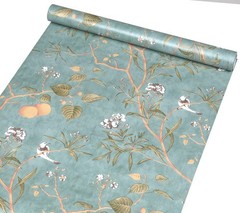 Vintage Botanical Birds Peel and Stick Wallpaper Vinyl 17.7″W x 117″L, Blue