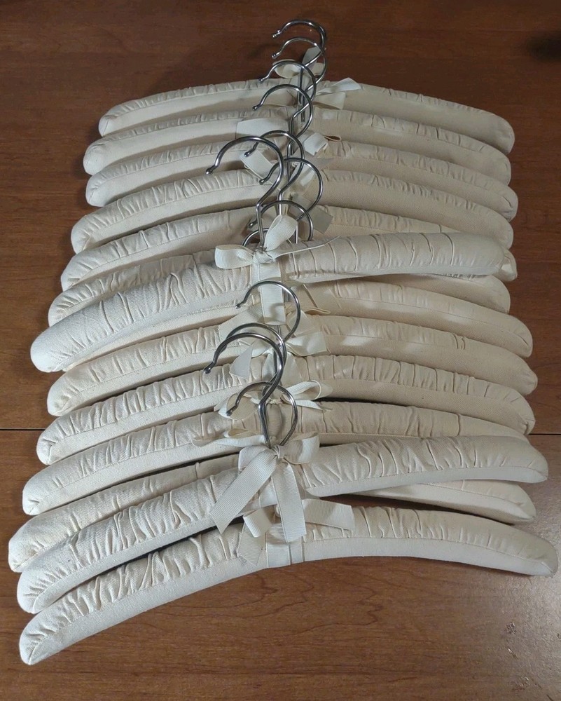14 Cream Cotton Canvas With Bow Padded Swivel Chrome Hook Luxury Hangers 16″