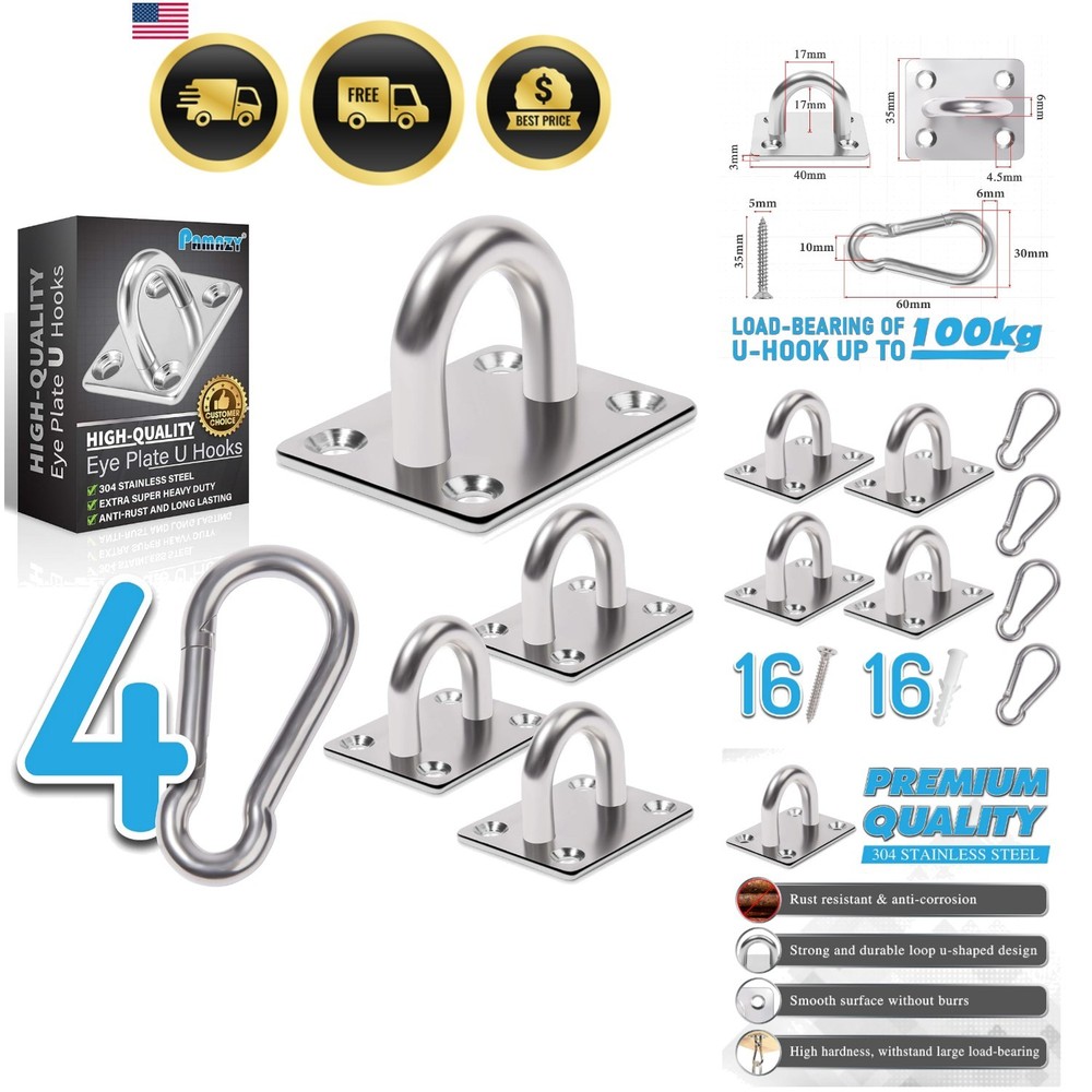 4 PCS M6 Heavy Duty Square Stainless Steel Pad Eye Hooks + 4PCS Snap Hooks a…