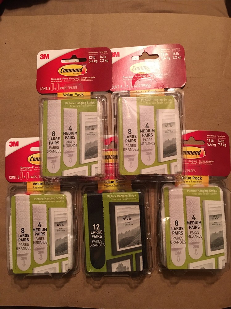 5 packs of command 3M 8 Large & 4 Medium 12 Lb To 16 Lb Strips & 12 Black Large