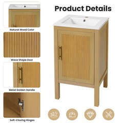 18 Inch Natural Wood Bathroom Vanity Cabinet with Ceramic Sink Adjustable Shelf