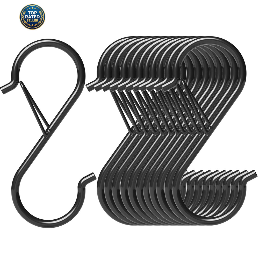 12 Pack Heavy Duty Metal 3.5 S Hooks with Safety Buckle for Hanging Kitchen