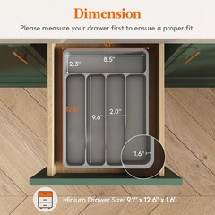 Lifewit Silverware Drawer Organizer Tray, 9.1 x 12.6 inch (5 Slots), Gray