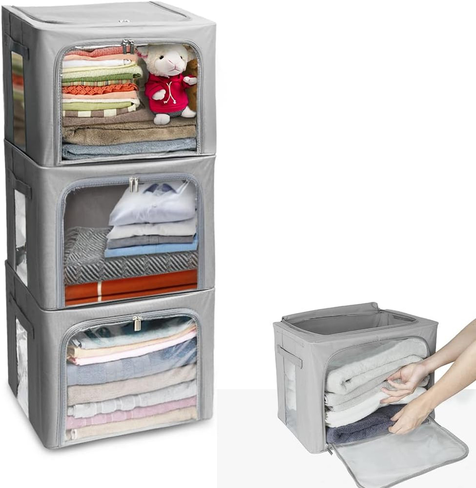 Stackable Storage Bins with Clear Window – 3 Pack Foldable Organizer Set, Grey