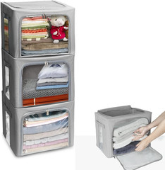 Stackable Storage Bins with Clear Window – 3 Pack Foldable Organizer Set, Grey
