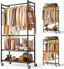 Heavy Duty Rolling Clothes Rack Metal Closet Organizer Wood Shelves 450LB